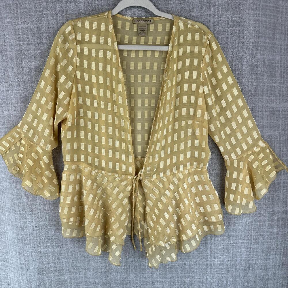 Notations Blouse Womens L Gold Geometric Kimono 3/4 Bell Sleeve Ruffle